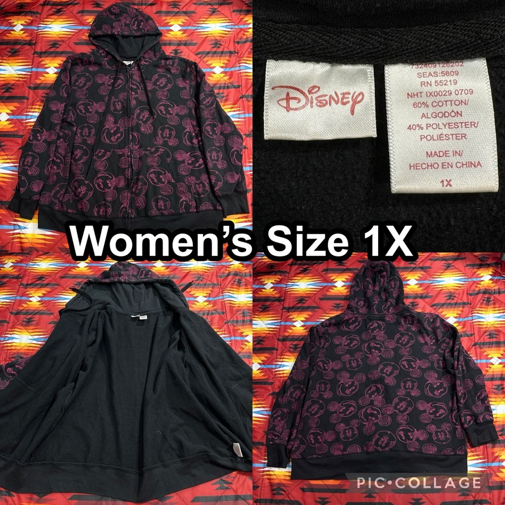 Disney Black Hoodie Sweater Women’s Size 1X All Over Print Mickey Mouse Full Zip